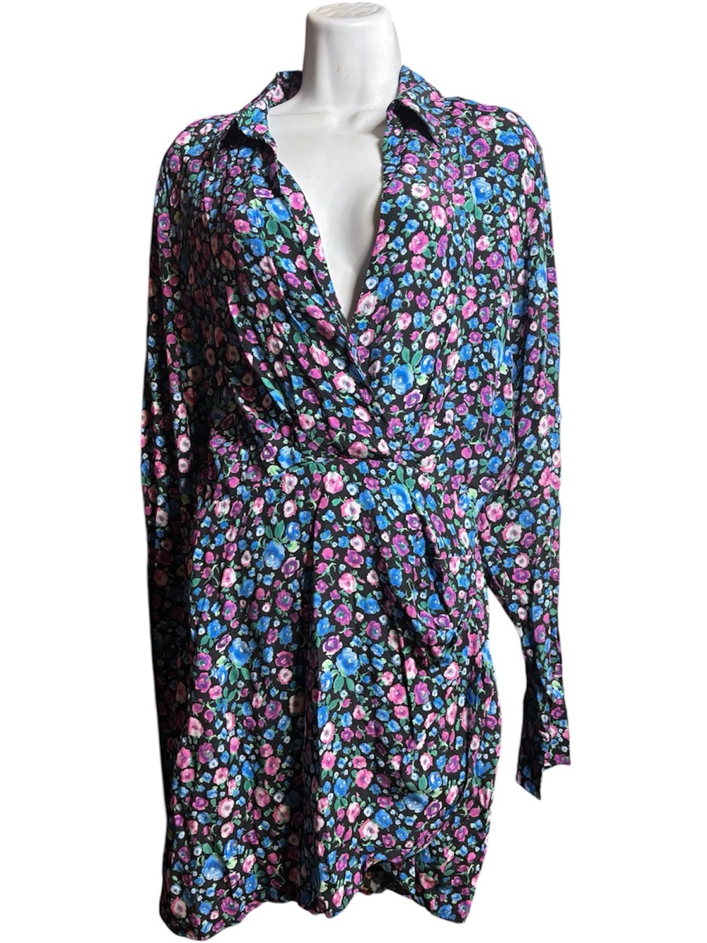 Zara Floral Print Mini Shirt Dress Black Multicolor Ditsy Floral Size 5